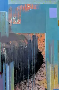 An abstract painting featuring a vibrant array of colours and diverse shapes, creating a dynamic visual experience