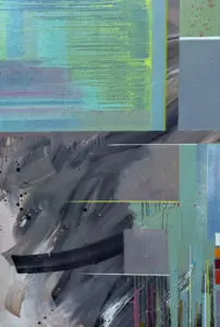 An abstract painting featuring a vibrant array of colours and diverse shapes, creating a dynamic visual experience