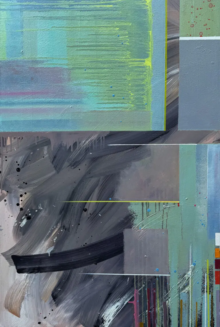 An abstract painting featuring a vibrant array of colours and diverse shapes, creating a dynamic visual experience