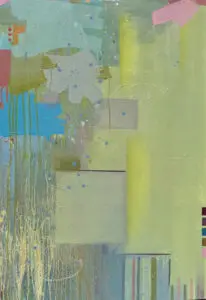 Yellow, blue and pink coloured abstract painting