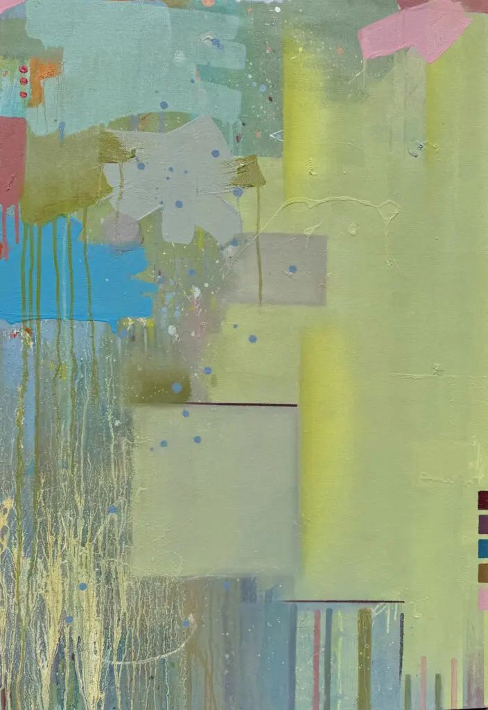 Yellow, blue and pink coloured abstract painting