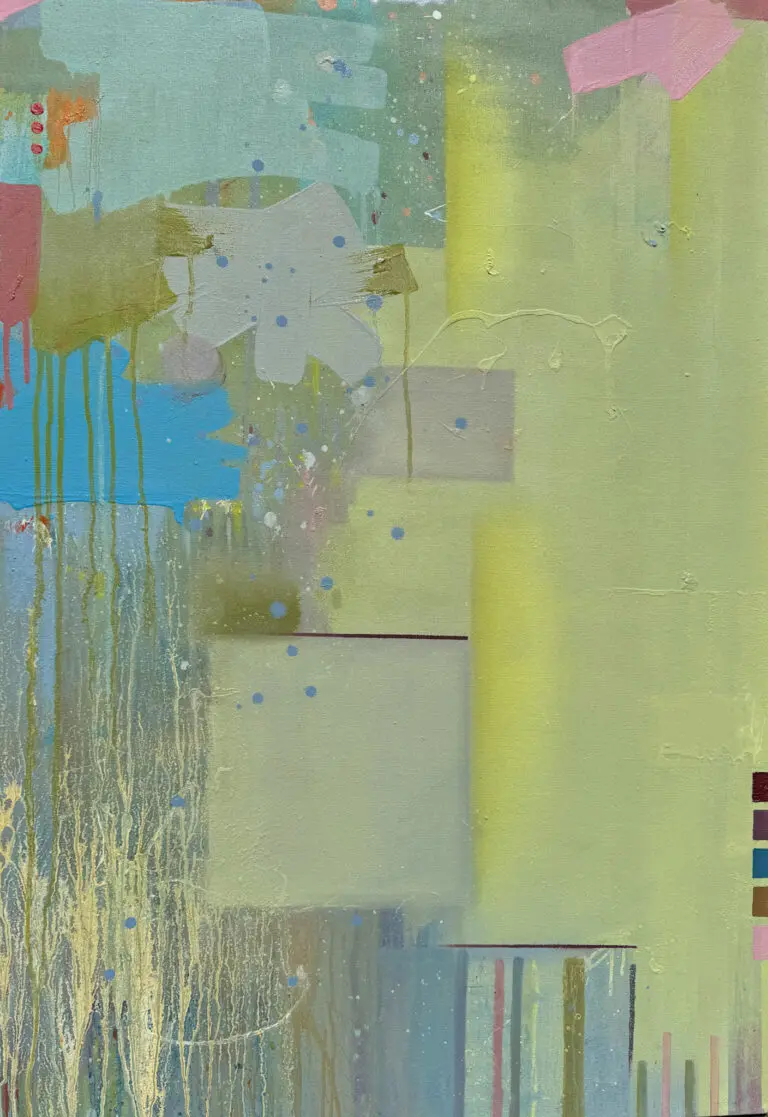 Yellow, blue and pink coloured abstract painting