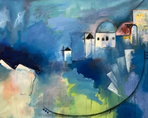 Abstract, blue painting of Santorini landscape