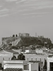 Black and white photograph of the Parthenon from a distance