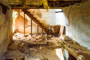 Demolished interior of an abandoned home