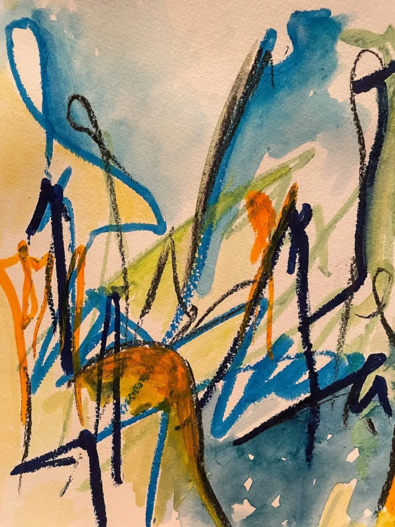 Abstract, orange and blue lines, painting