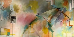 Abstract, colourful, multi-media, landscape painting