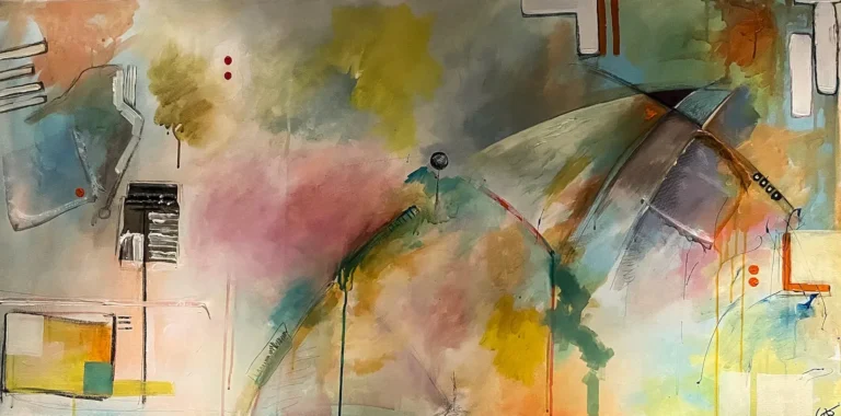 Abstract, colourful, multi-media, landscape painting