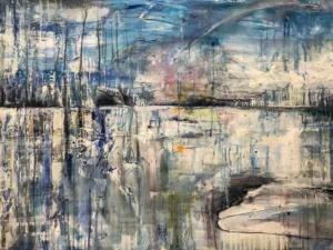 Abstract, blue and white, landscape painting of the sky and sea