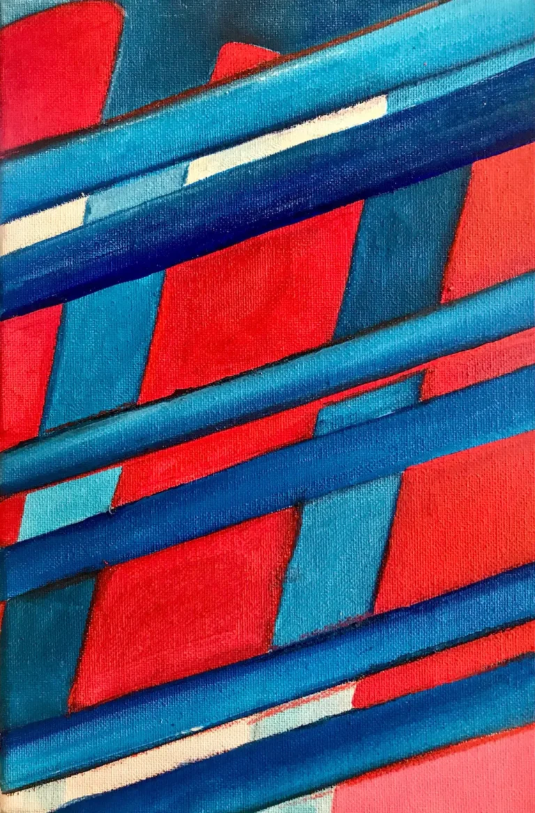 Abstract, blue and red, structured painting