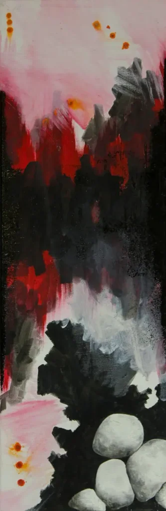 Black and white stones, with red and black background abstract painting