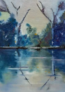 Abstract, reflection of lake with trees painting