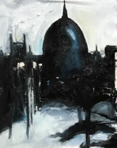 Black and white, abstract, atmospheric painting of a dome