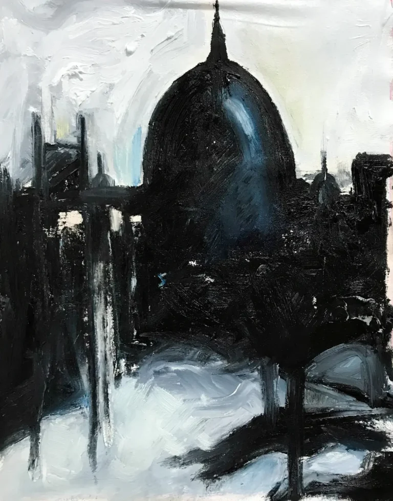 Black and white, abstract, atmospheric painting of a dome