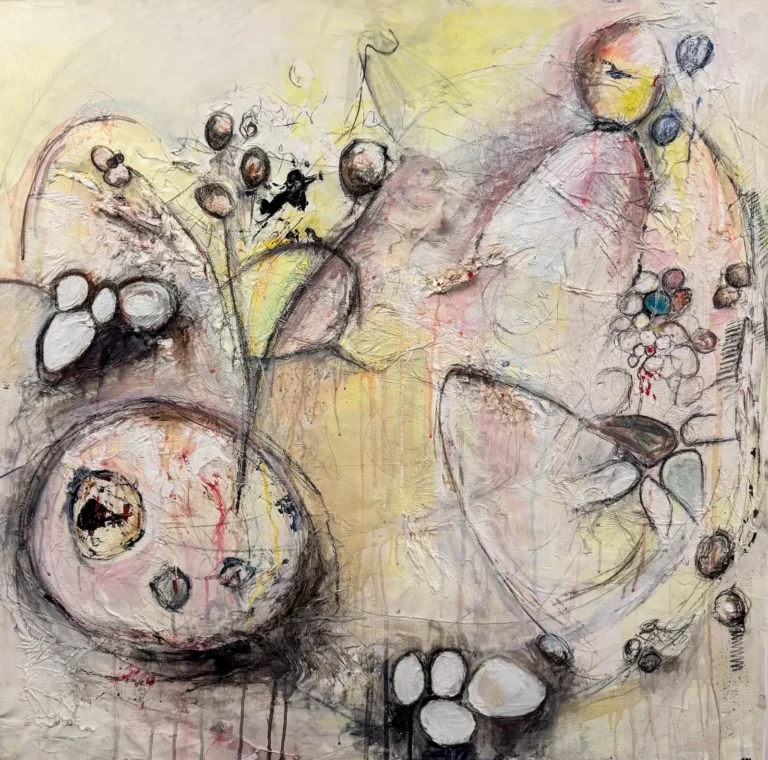 Abstract, yellow and pink, mixed media largescale painting