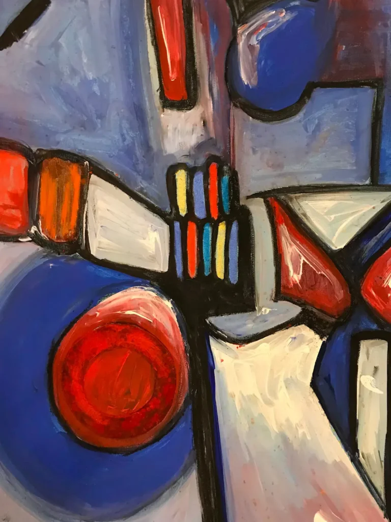 Blue and red abstract painting of greek island street