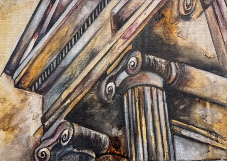 An abstract painting of the front part of the Parthenon