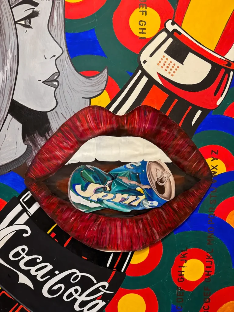 Abstract, vibrant painting of a coca-cola bottle and a crumbled sprite can