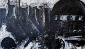 Black and white, abstract, atmospheric painting of a church and buildings