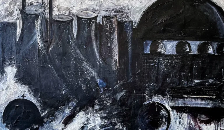 Black and white, abstract, atmospheric painting of a church and buildings