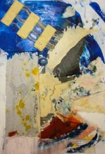 Abstract, mixed media, blue and cream painting