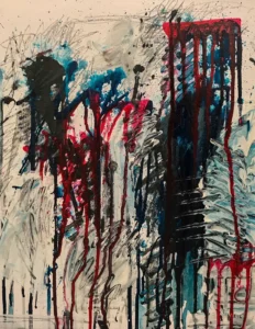 Blue and red, textured, abstract painting