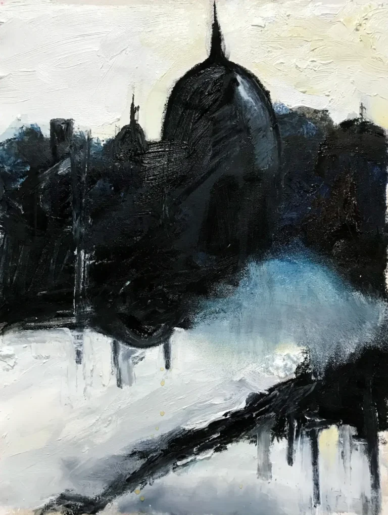 Black and white, abstract, atmospheric painting of a town