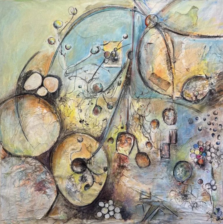 Abstract, yellow and blue, mixed media largescale painting