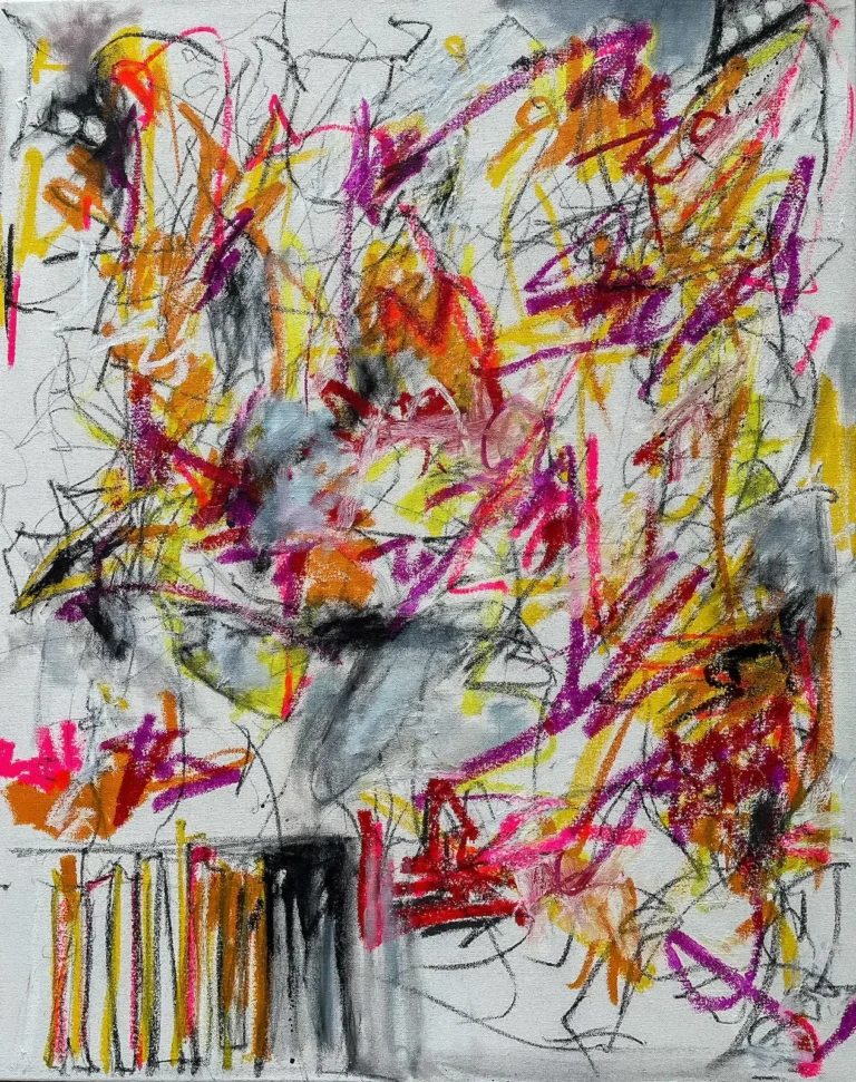 Abstract, yellow, orange and black lines, painting