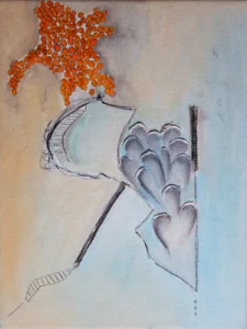 Abstract, light blue and orange, detailed painting
