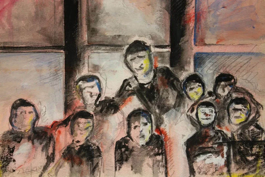 Abstract painting of a group of students and a teacher