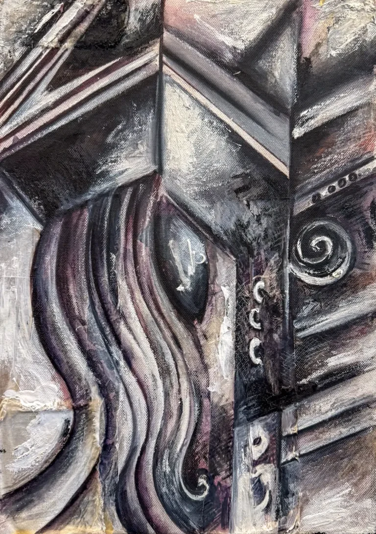 Black and white, mixed media abstract greek pillar painting