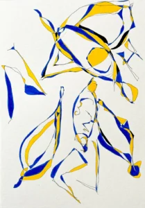 Blue and yellow, abstract, line drawing