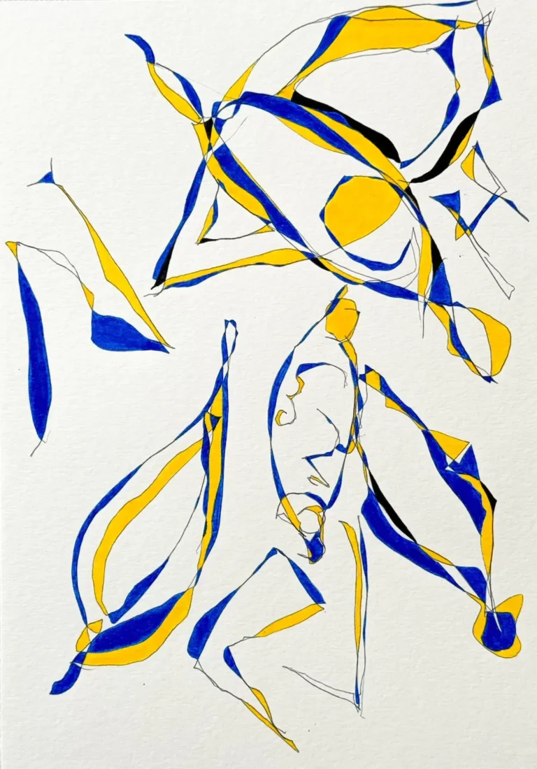Blue and yellow, abstract, line drawing