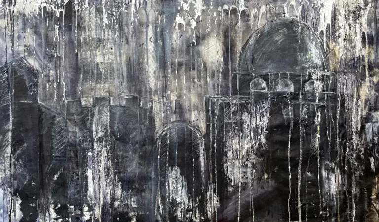 Black and white, abstract, atmospheric painting of a rainy town