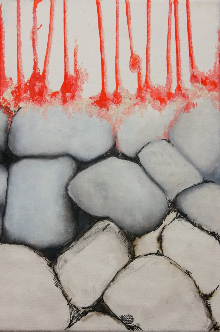Black and white, abstract stones painting with red paint dripping