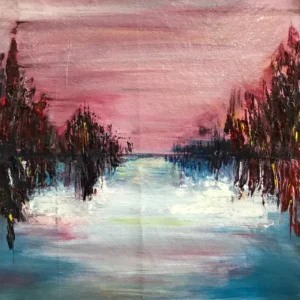 Abstract painting of a pink and blue lake reflection