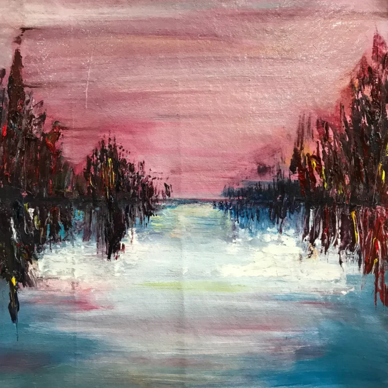 Abstract painting of a pink and blue lake reflection