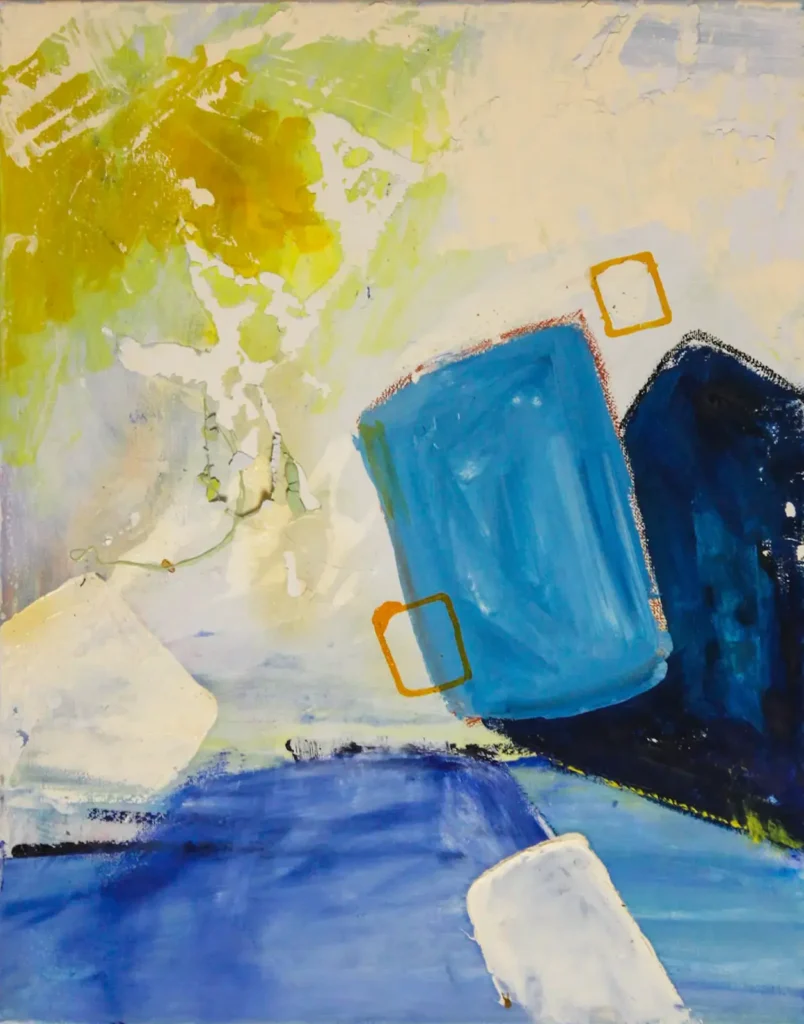 Abstract painting of blue and yellow shapes