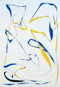 Blue and yellow, abstract, line drawing