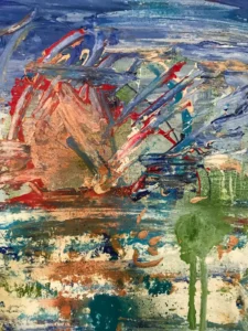 Abstract, blue and red landscape painting