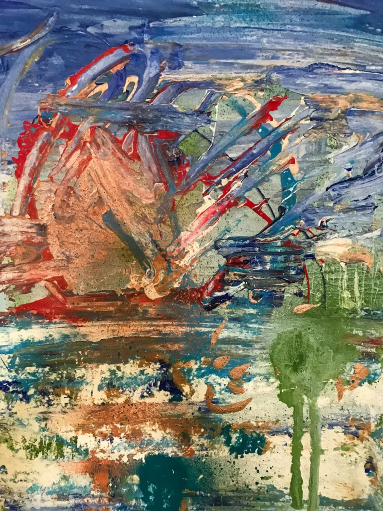 Abstract, blue and red landscape painting