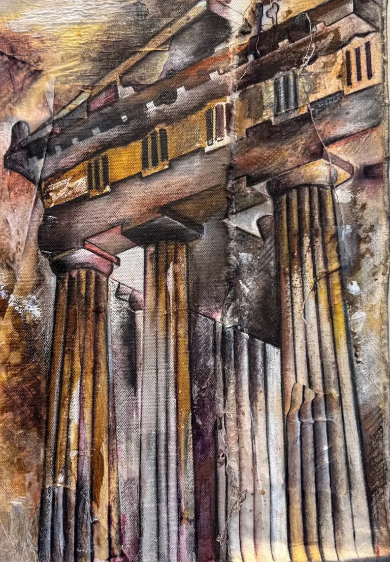 An abstract mixed media painting of the front part of the Parthenon