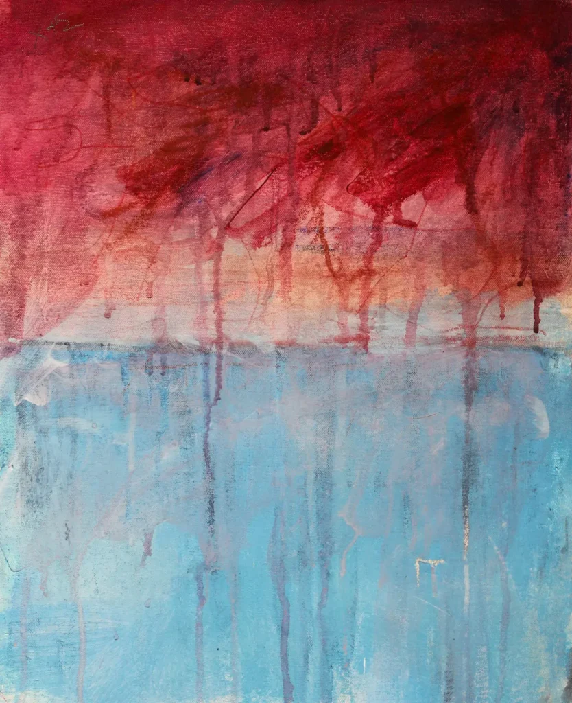 Abstract, blue and pink landscape painting of the horizon