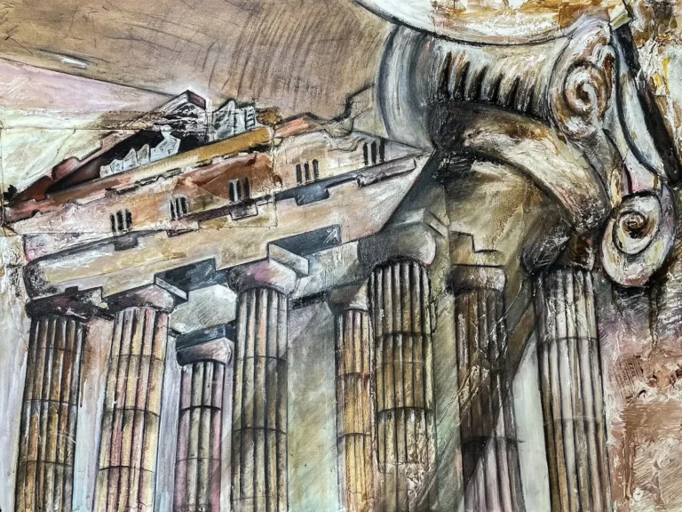 An abstract painting of the Parthenon and a pillar