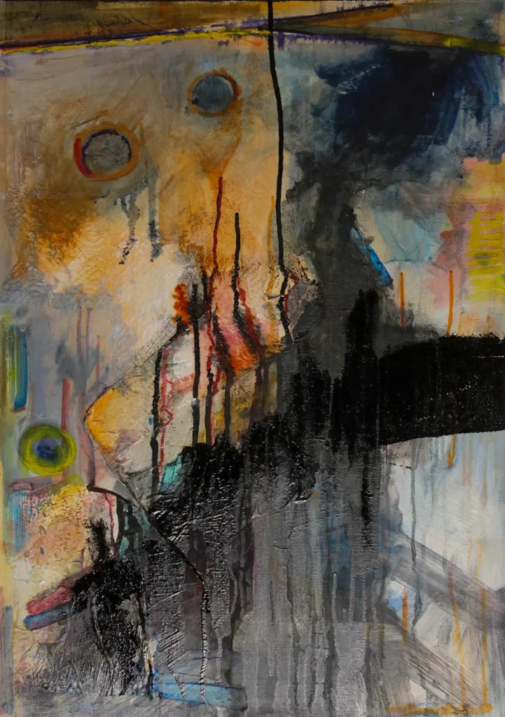 Abstract, black and orange, mixed media painting
