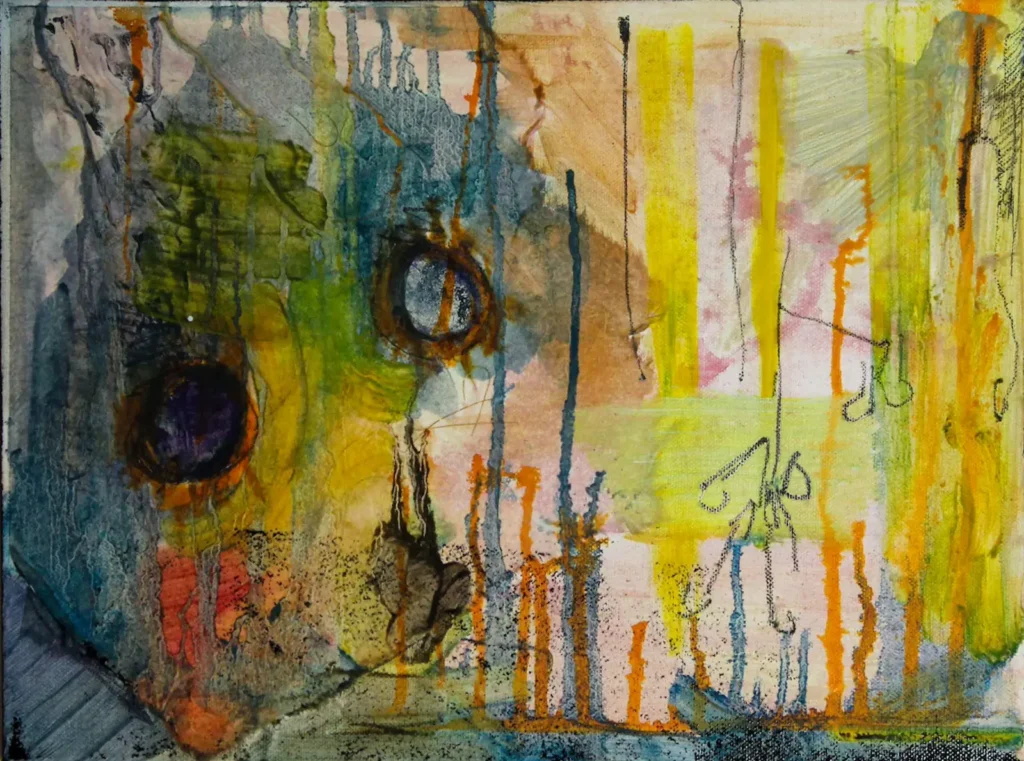 Abstract, blue and orange, mixed media painting