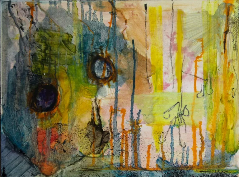 Abstract, blue and orange, mixed media painting