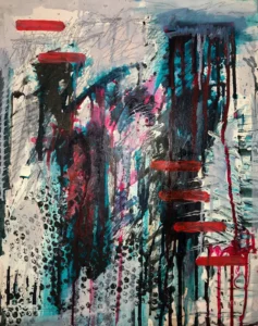 Blue and red, textured, abstract painting