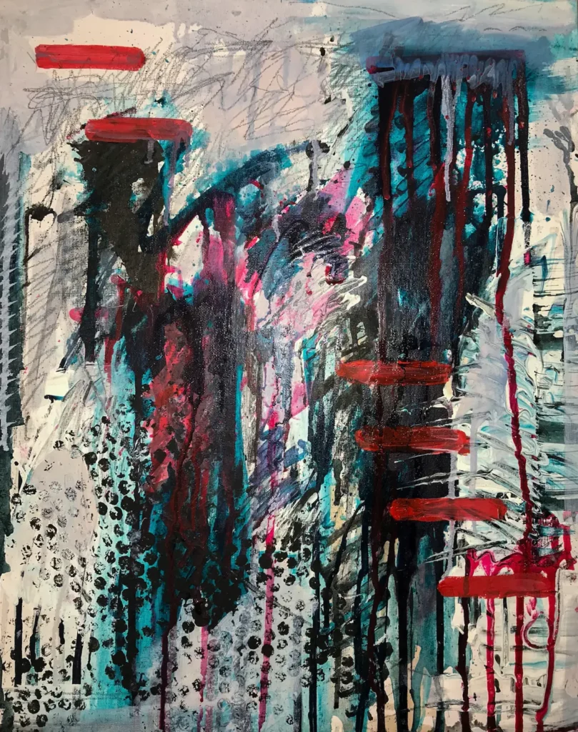 Blue and red, textured, abstract painting